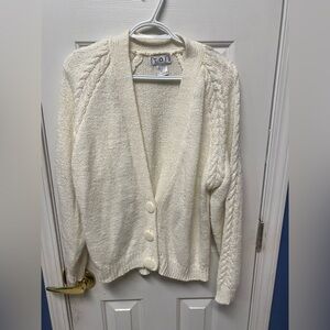 TOI Women's V Neck Big Button Cable Knit Cardigan Sweater Creme L
